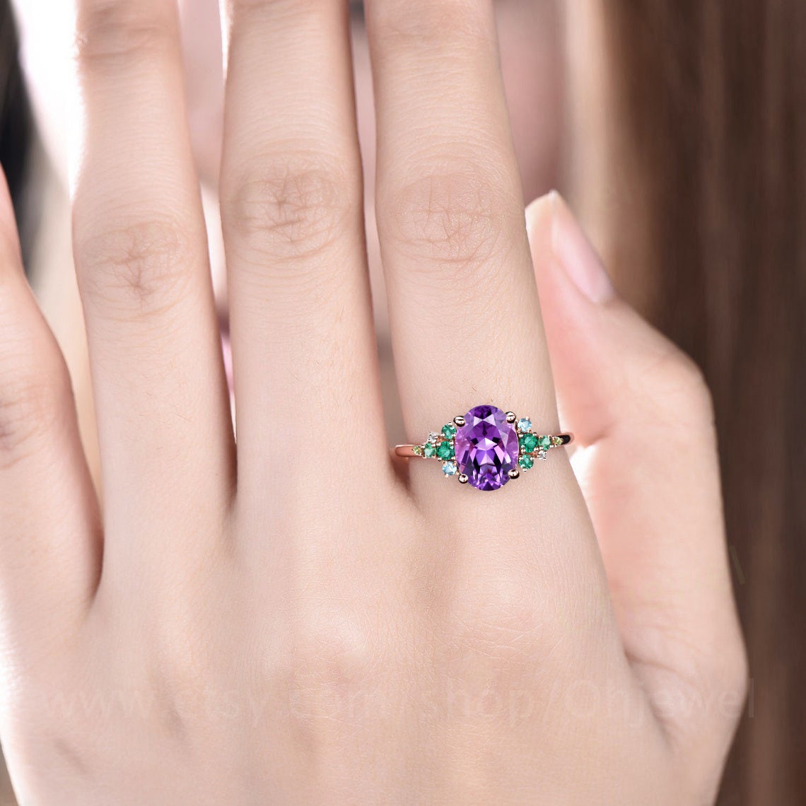 Vintage amethsyt emerald engagement ring rose gold cluster snowdrift peridot topaz ring women unique moissanite bridal promise wedding ring