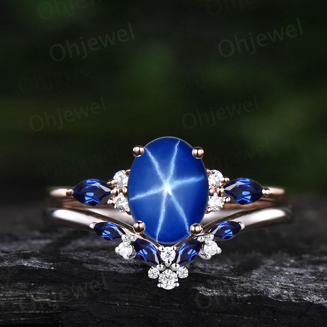 Vintage oval blue star sapphire ring 14k rose gold marquise cut sapphire ring cluster moissanite ring engagement ring set Women for Gifts