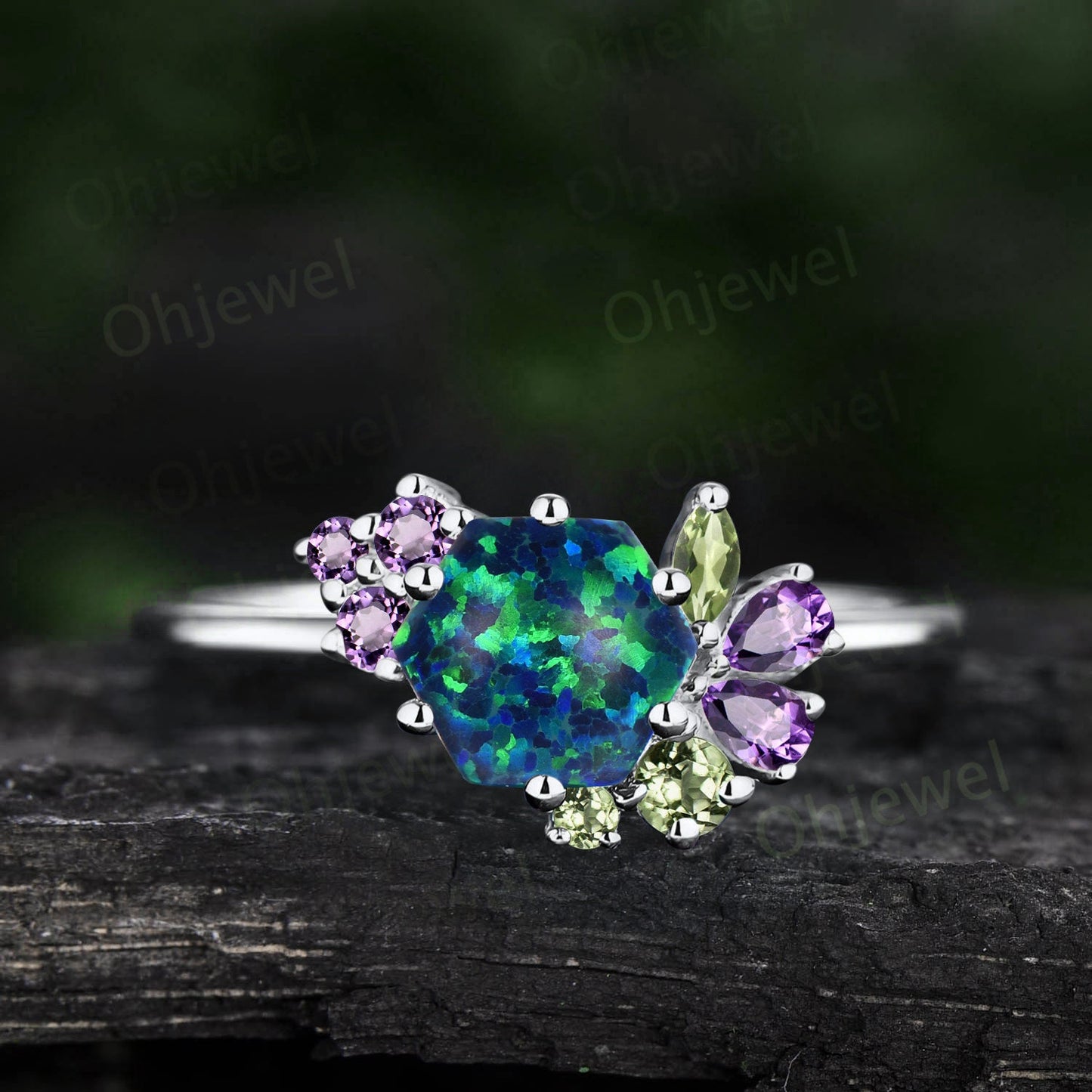 Vintage hexagon black opal engagement ring rose gold cluster peridot amethyst ring women dainty 6 prong birthstone anniversary ring gift