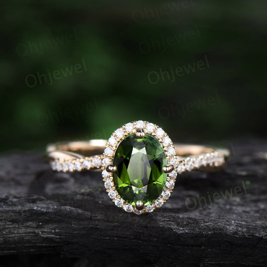 Oval green Tourmaline ring vintage unique engagement ring halo twisted diamond ring prong set fine jewelry yellow gold bridal ring women