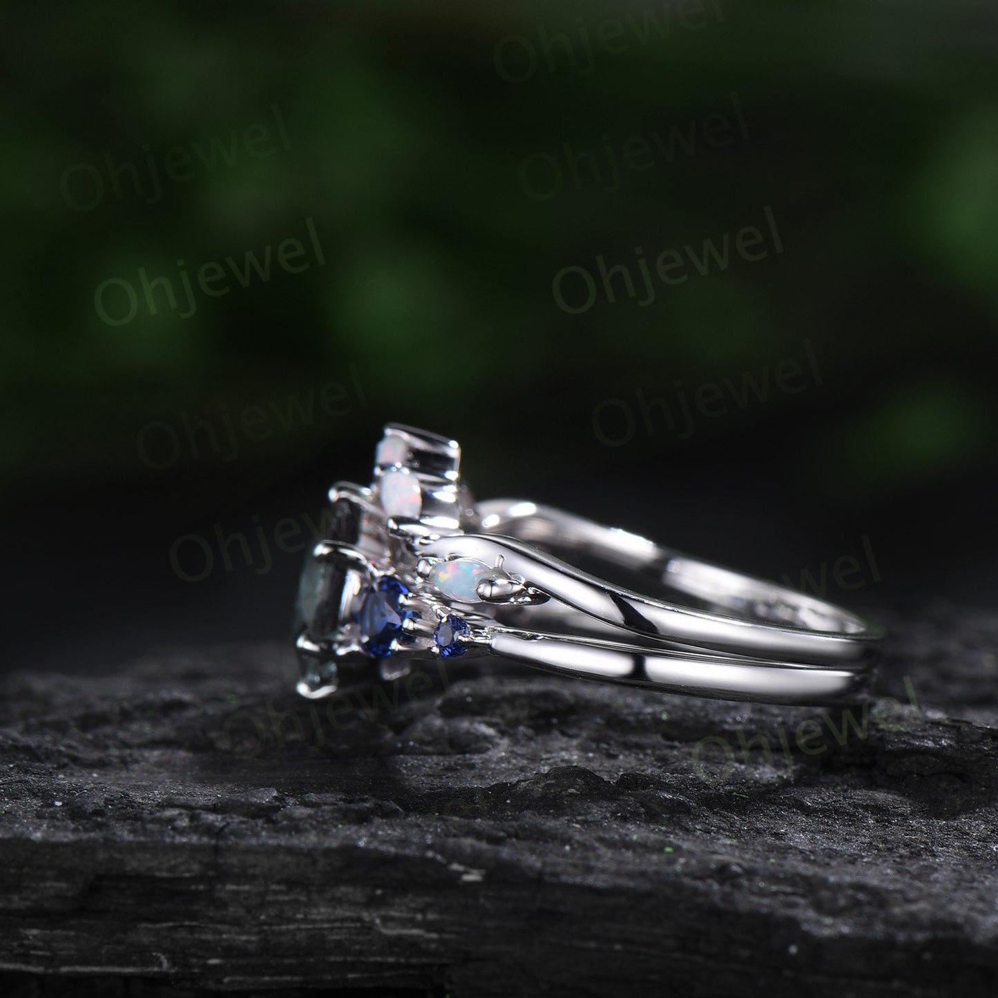 Round Aquamarine ring vintage pear sapphire ring five stone 6 prong blue gemstone ring opal wedding band engagement ring women bridal set