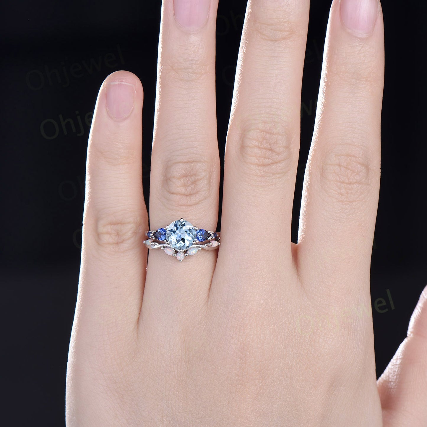 Round Aquamarine ring vintage pear sapphire ring five stone 6 prong blue gemstone ring opal wedding band engagement ring women bridal set