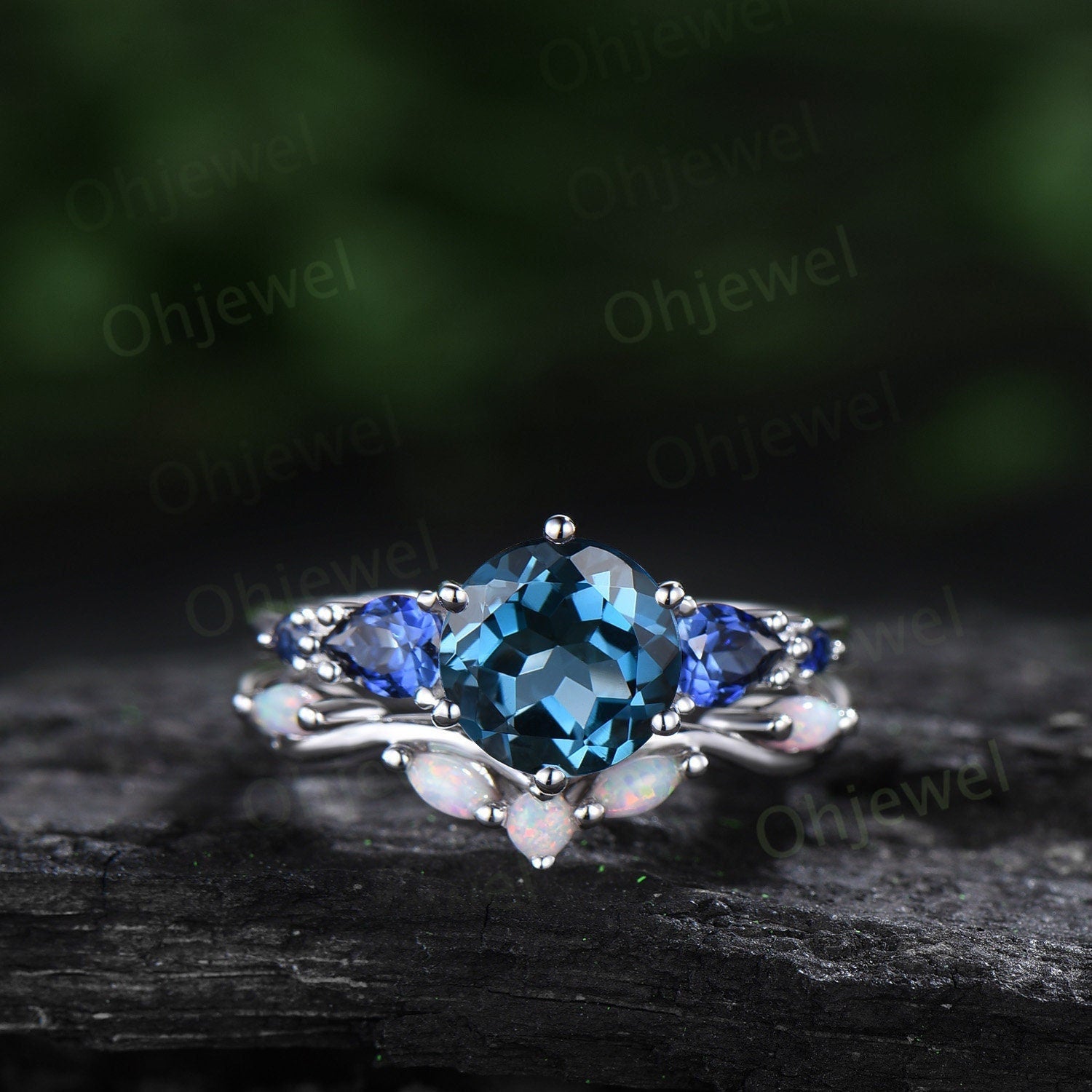 Round London blue topaz ring vintage pear sapphire ring five stone blue gemstone ring opal wedding band engagement ring women bridal set