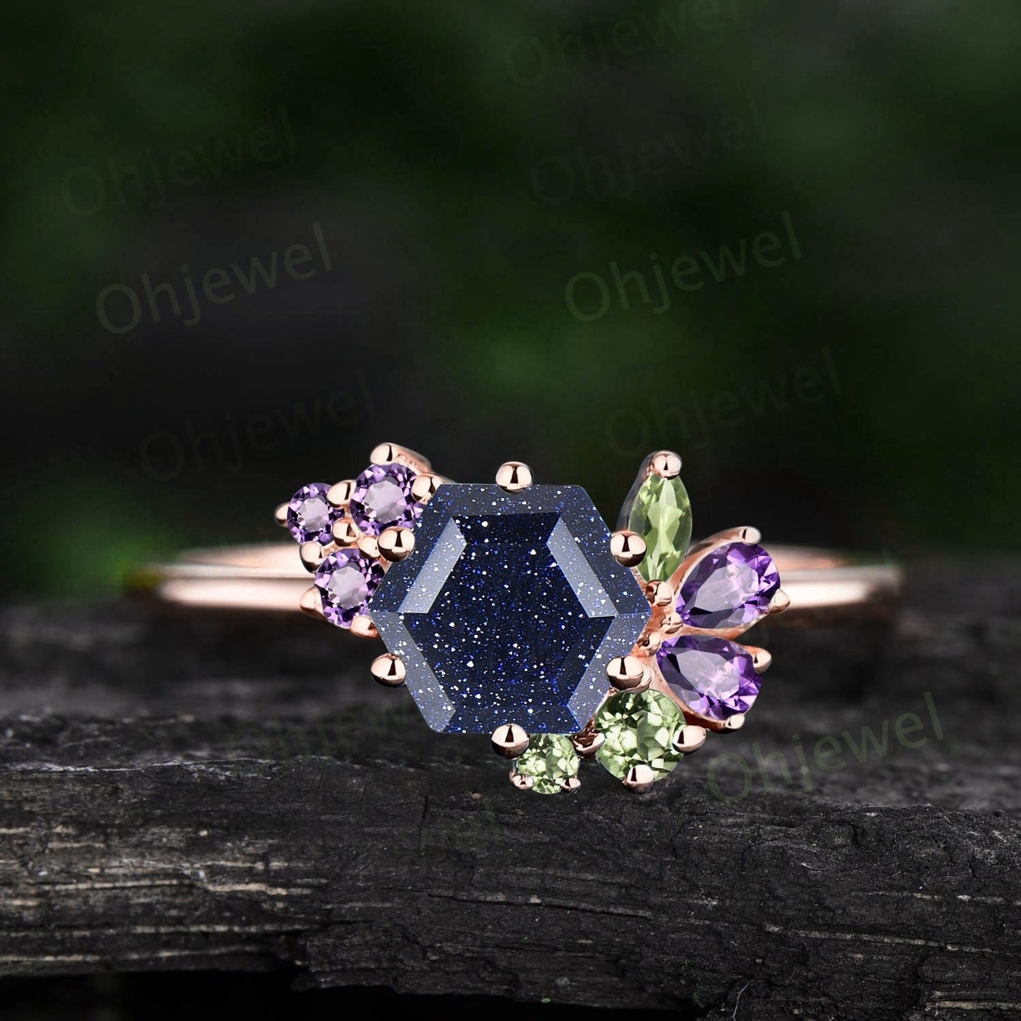 Hexagon cut blue sandstone ring rose gold cluster peridot amethyst ring women vintage engagement ring 925 sterling silver gemstone ring