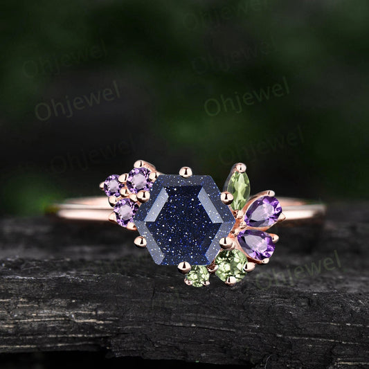 Hexagon cut blue sandstone ring rose gold cluster peridot amethyst ring women vintage engagement ring 925 sterling silver gemstone ring