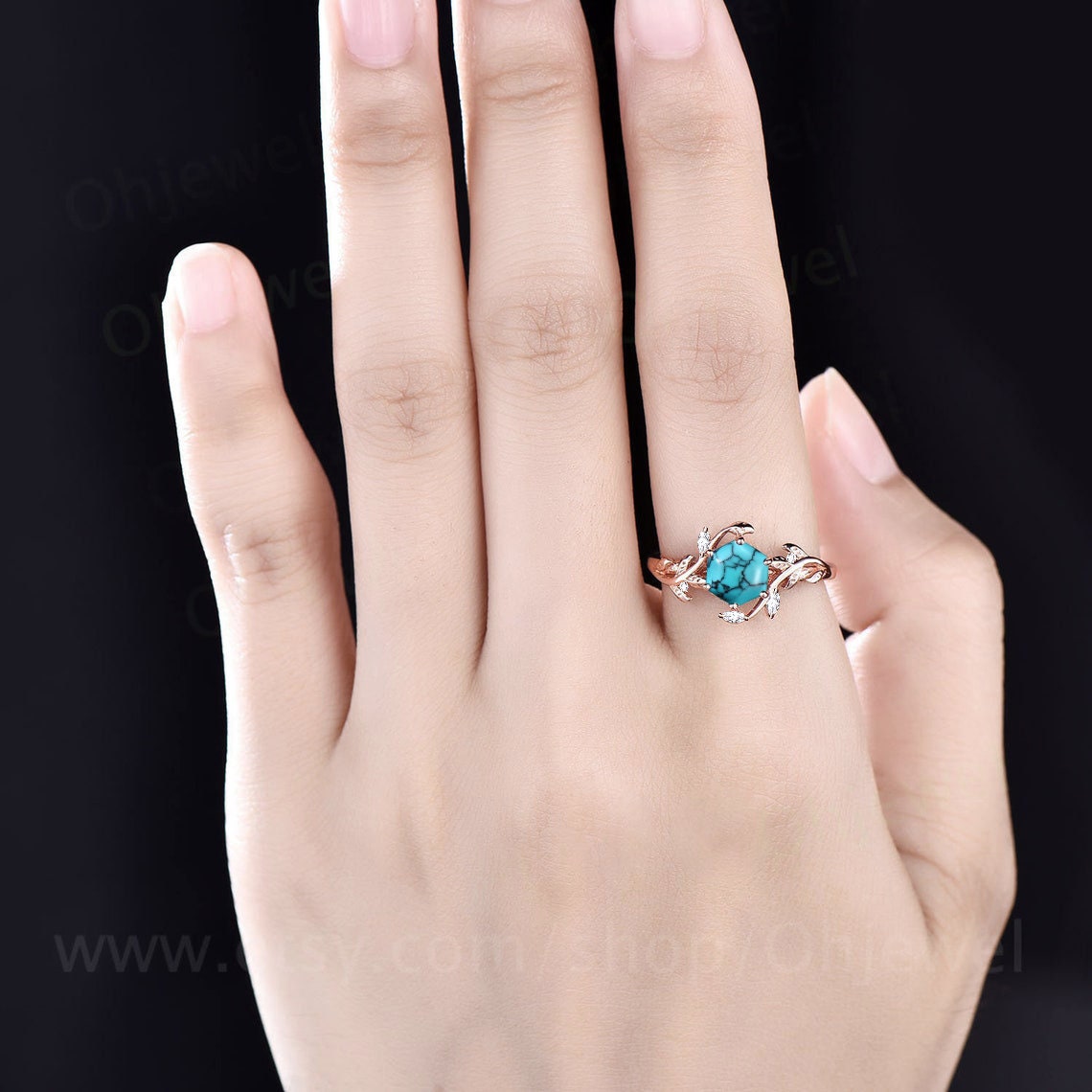 Vintage Hexagon cut natural Turquoise engagement ring cluster nature inspired diamond ring women leaf rose gold branch wedding ring gift