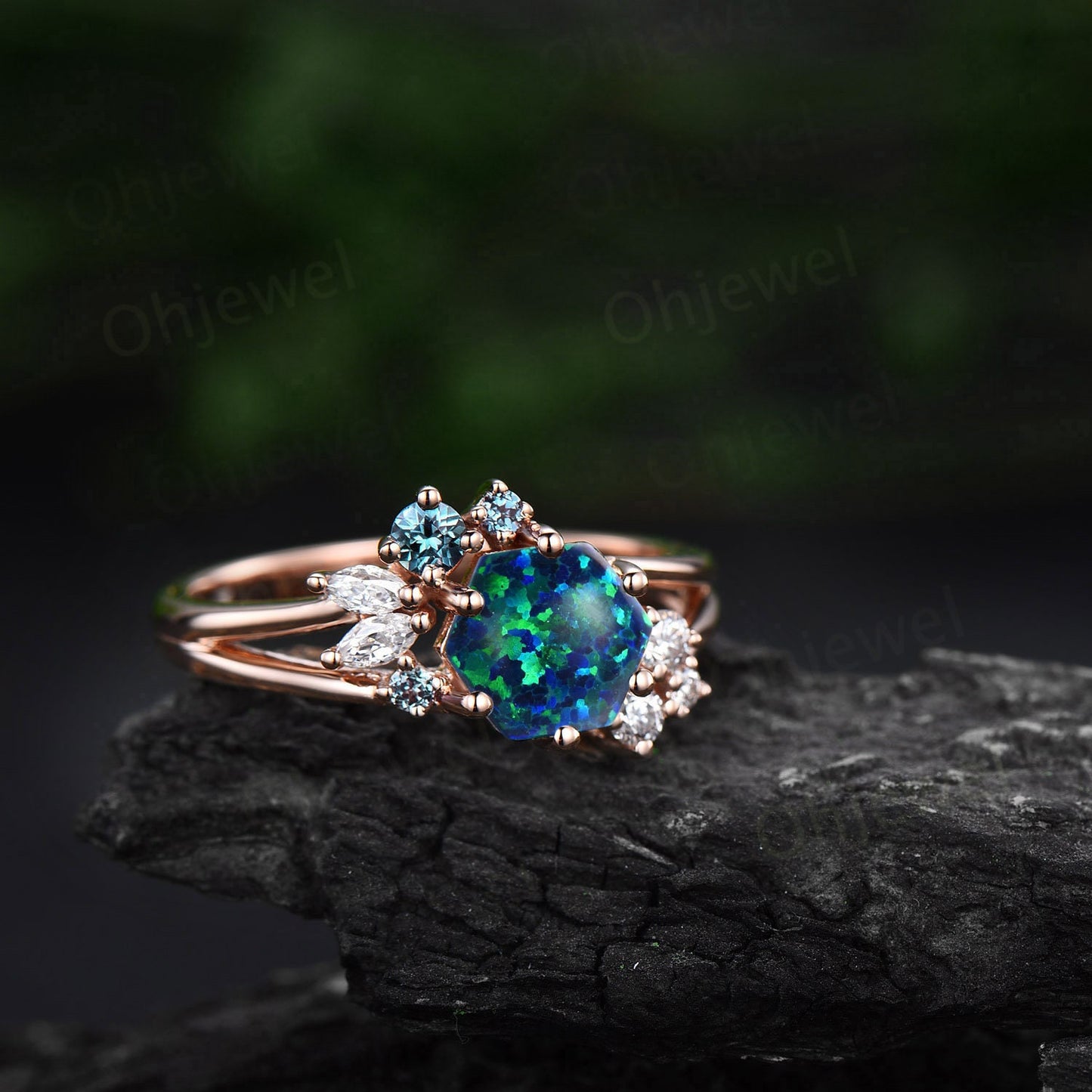 Hexagon black opal ring vintage rose gold cluster 6 prong split shank unique engagement ring women diamond alexandrite ring genstone gift