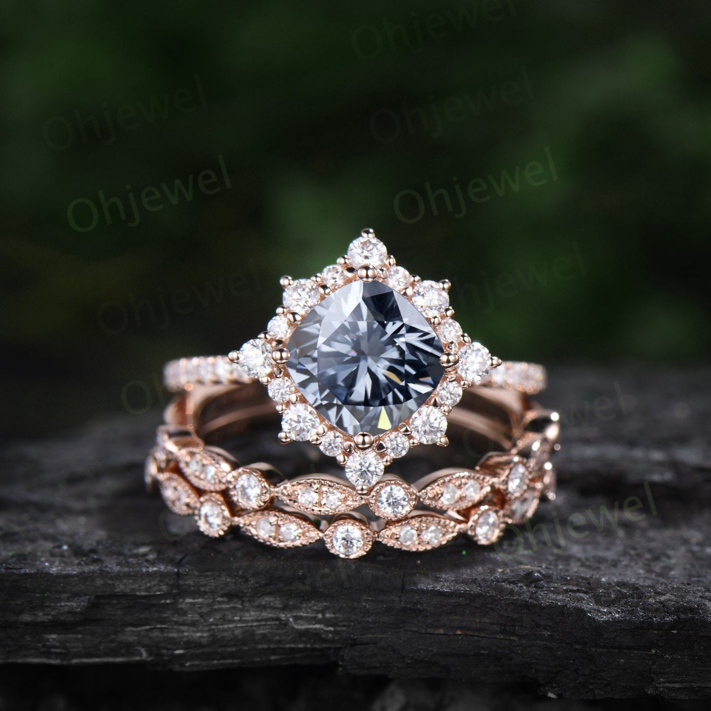 Vintage cushion cut gray moissanite engagement ring rose gold halo snowdrift moissanite ring unique bridal set half eternity ring women