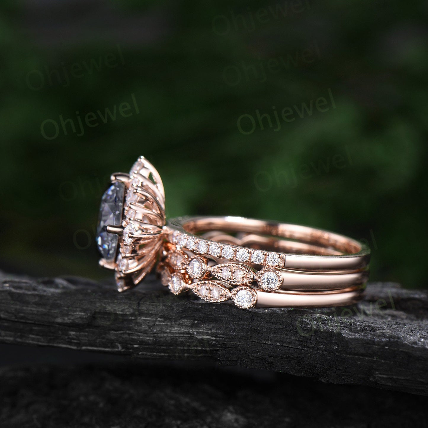 Vintage cushion cut gray moissanite engagement ring rose gold halo snowdrift moissanite ring unique bridal set half eternity ring women
