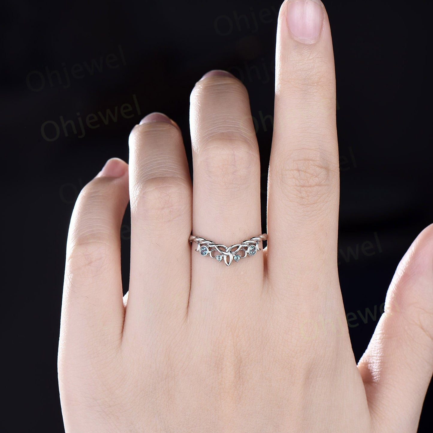 Curved Alexandrite wedding band solid 14k rose gold chevron four stone moon Celtic knot eternity stacking Twisted wedding ring band women