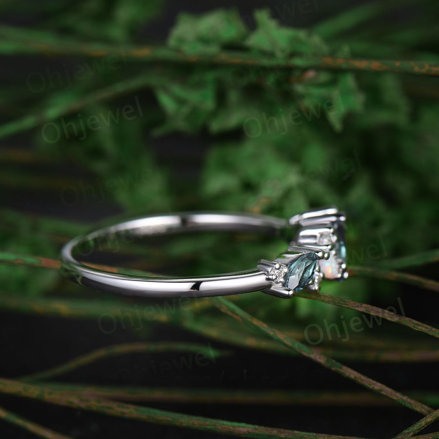 Cluster pear alexandrite ring rose gold art deco Baguette cut opal ring women dainty moissanite wedding band bridal anniversary ring gift