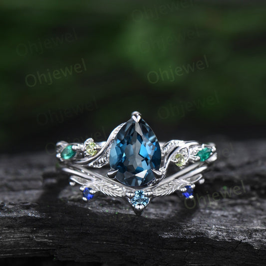 Pear shaped London blue topaz ring vintage art deco sapphire peridot emerald ring white gold twig nature inspired engagement ring women gift
