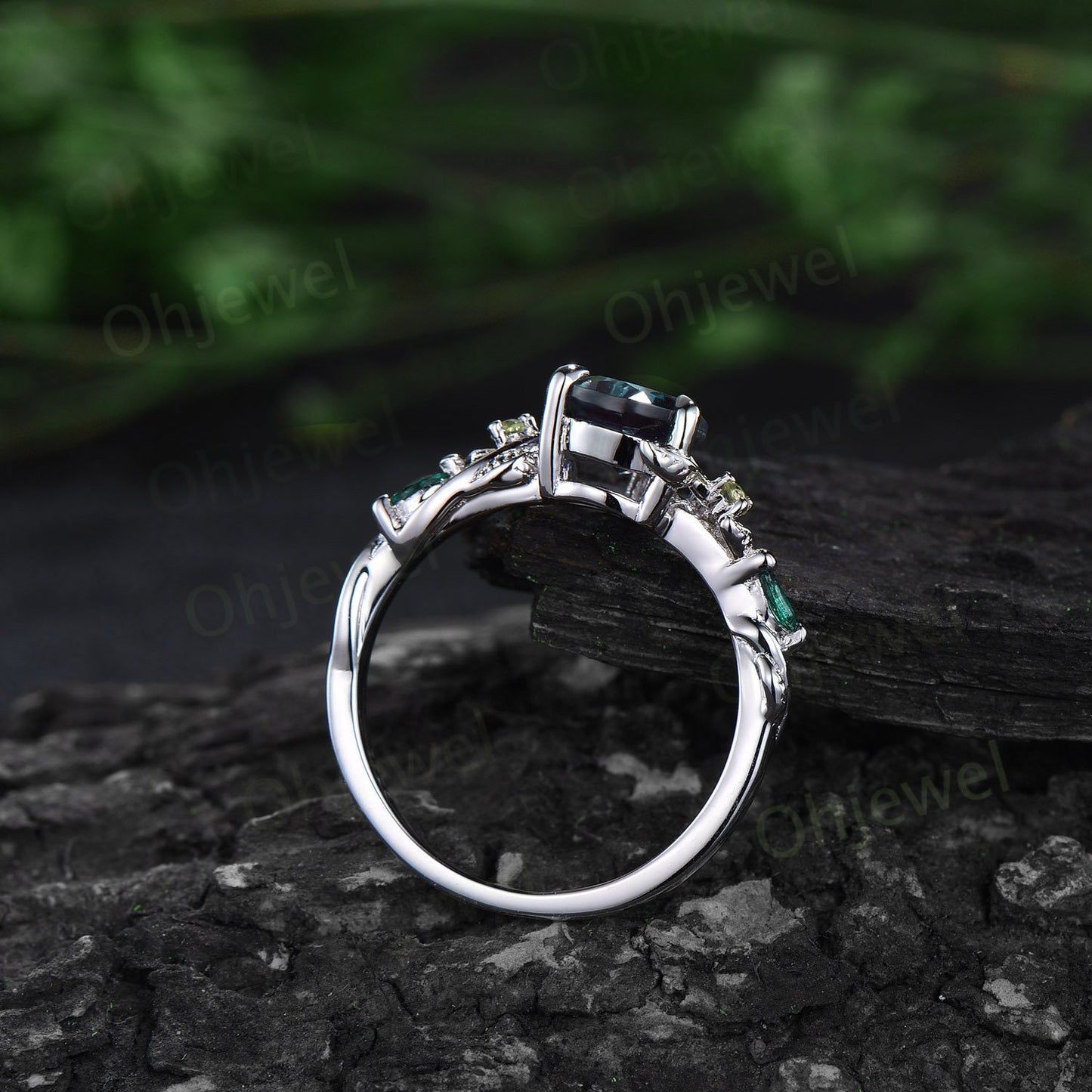 Pear shaped Alexandrite ring vintage art deco sapphire peridot emerald ring white gold leaf nature inspired engagement ring women bridal set