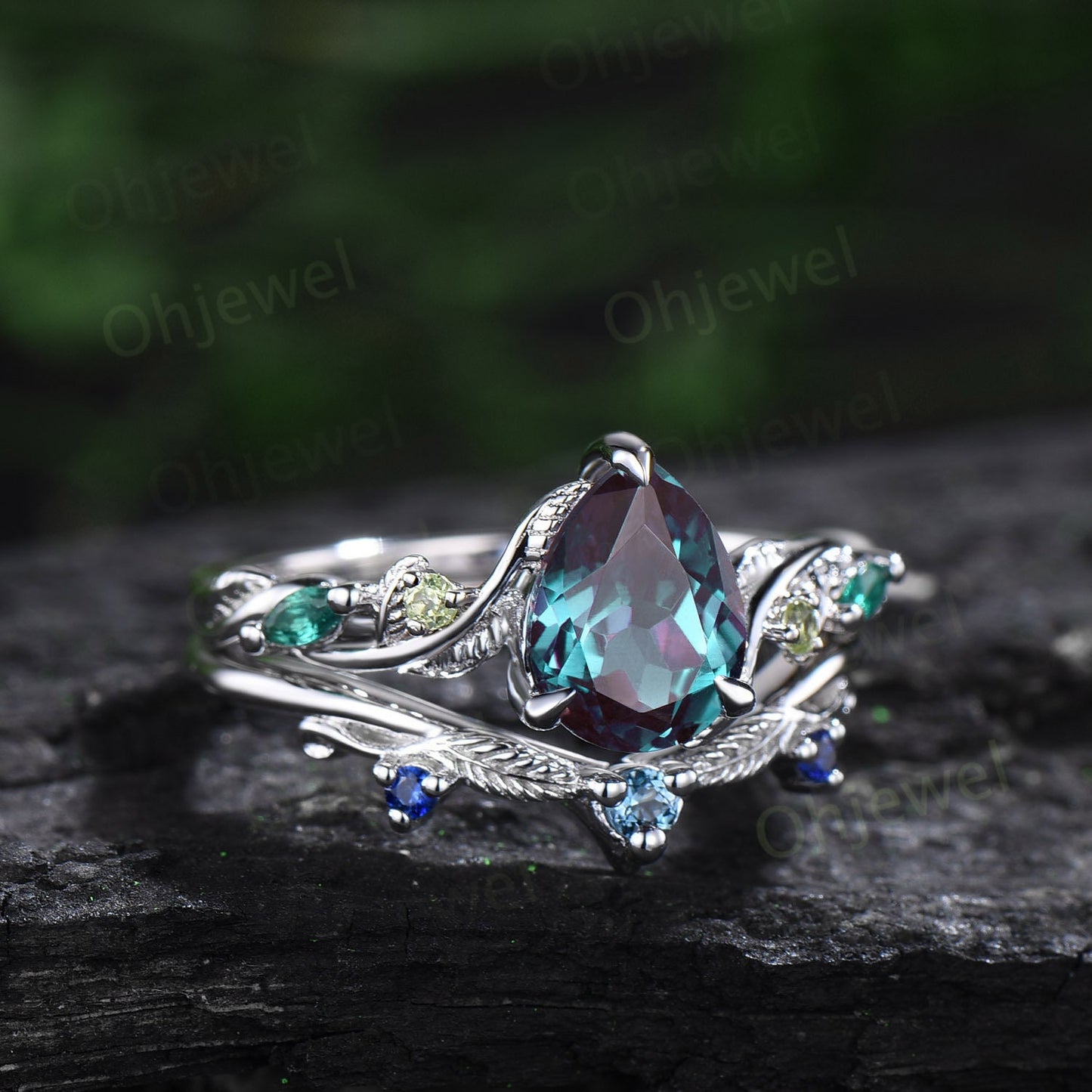 Pear shaped Alexandrite ring vintage art deco sapphire peridot emerald ring white gold leaf nature inspired engagement ring women bridal set