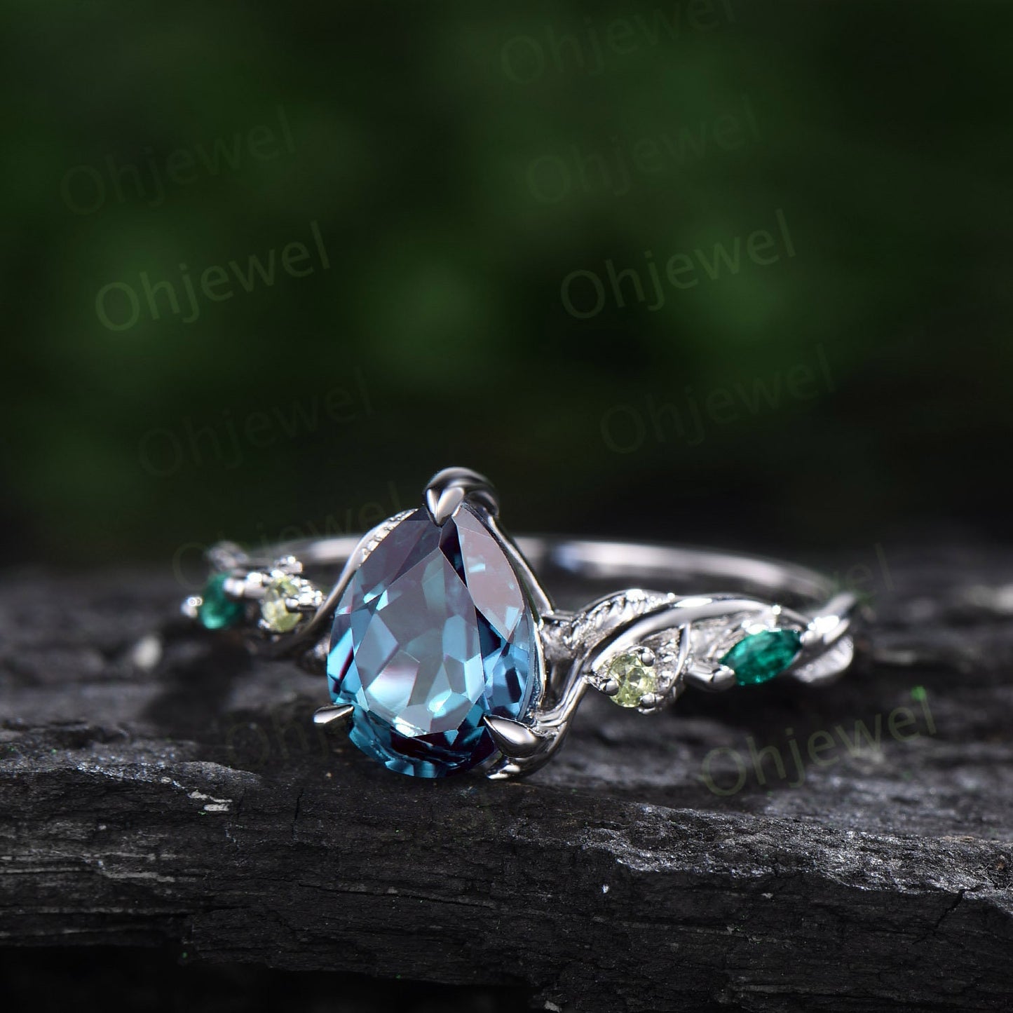Pear shaped Alexandrite ring vintage art deco sapphire peridot emerald ring white gold leaf nature inspired engagement ring women bridal set