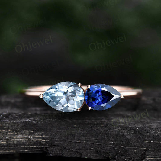 Minimalist pear shaped aquamarine ring solid 14k rose gold dainty two stone sapphire ring unique east to west engagement ring women gift