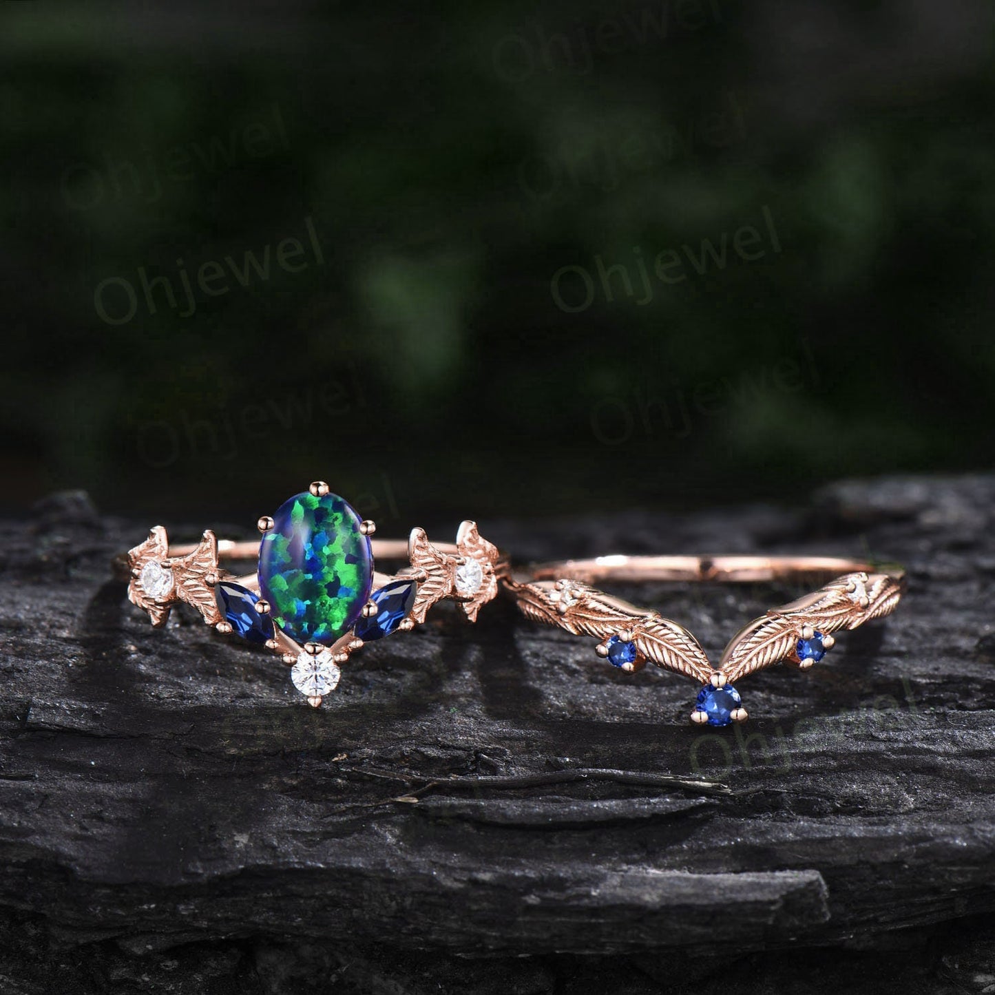 Vintage oval black opal engagement ring set rose gold twig marquise cut sapphire ring branch leaf moissanite wedding bridal ring set women