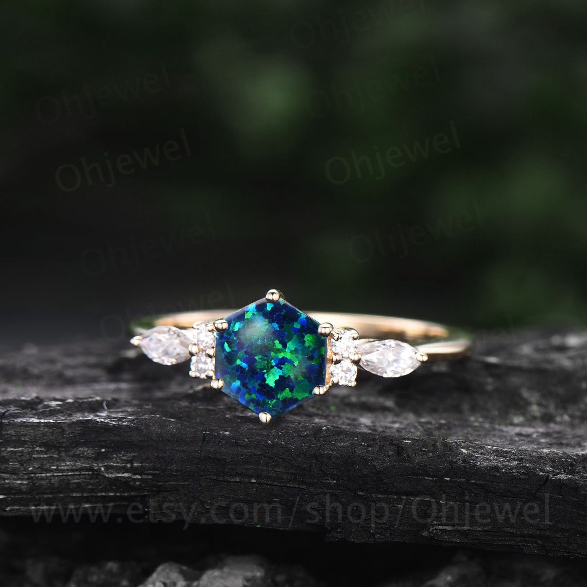 Hexagon cut balck opal engagement ring rose gold vintage unique marquise moonstone engagement ring art deco opal bridal wedding ring women