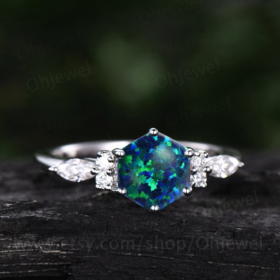 Hexagon cut balck opal engagement ring rose gold vintage unique marquise moonstone engagement ring art deco opal bridal wedding ring women