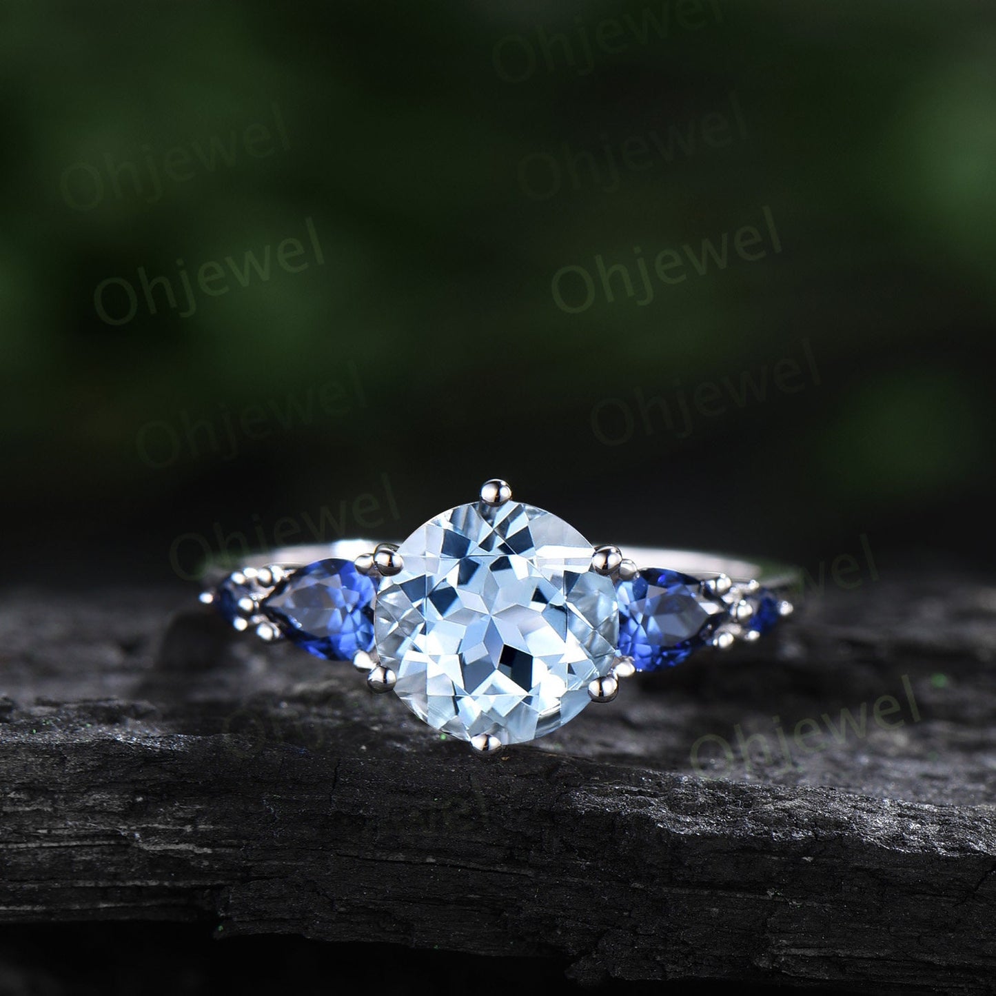 Round Aquamarine ring vintage pear sapphire ring five stone 6 prong blue gemstone ring opal wedding band engagement ring women bridal set