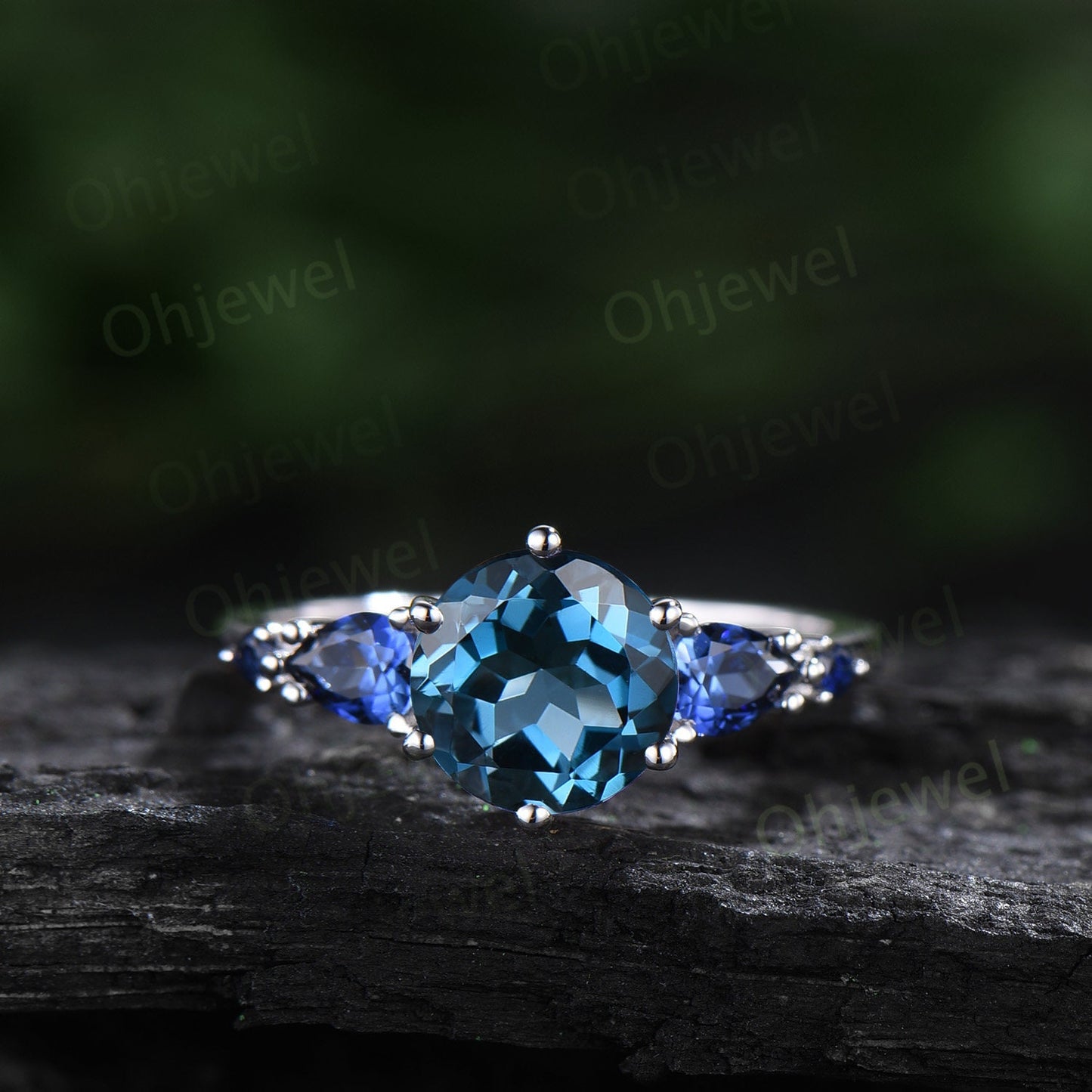 Round London blue topaz ring vintage pear sapphire ring five stone blue gemstone ring opal wedding band engagement ring women bridal set