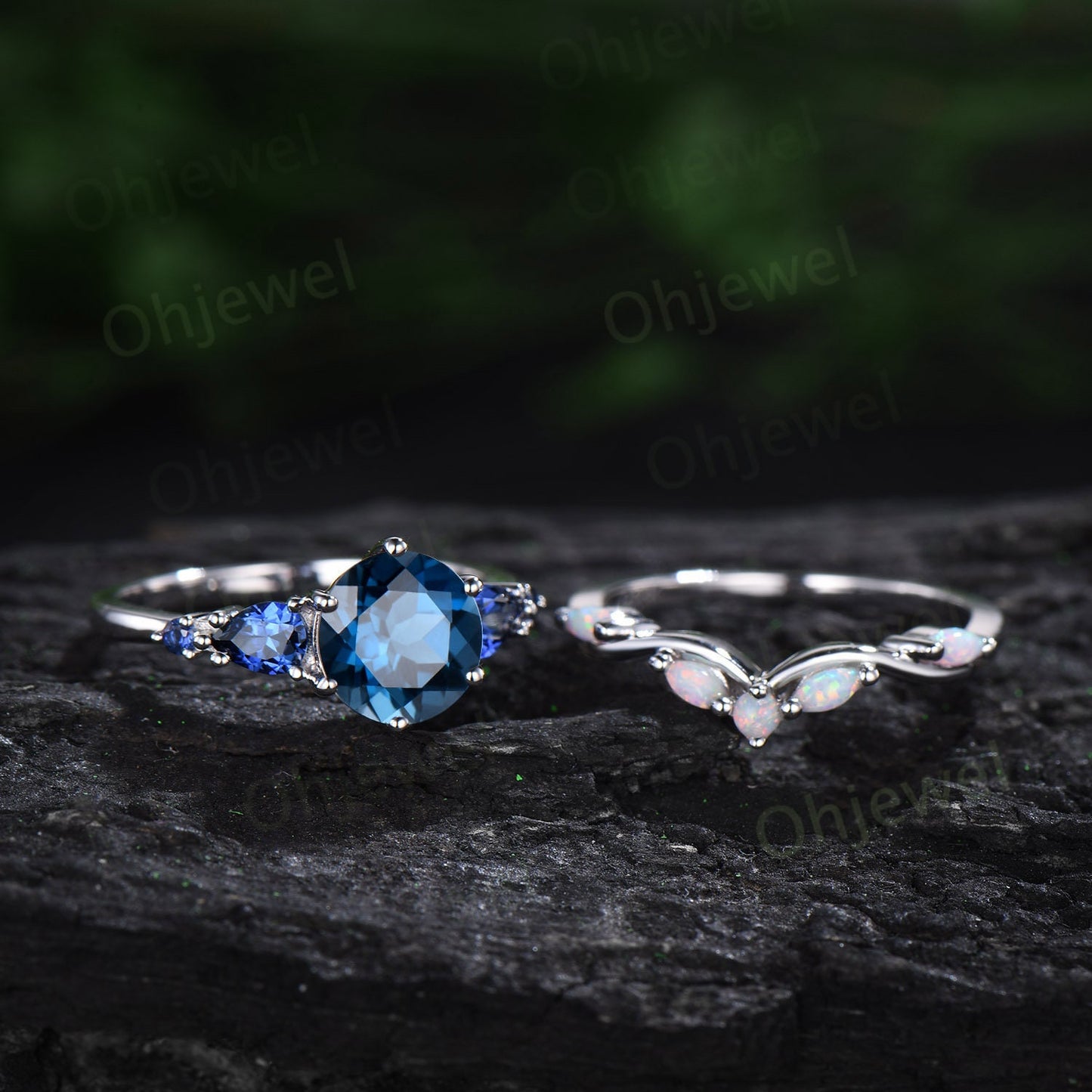 Round London blue topaz ring vintage pear sapphire ring five stone blue gemstone ring opal wedding band engagement ring women bridal set