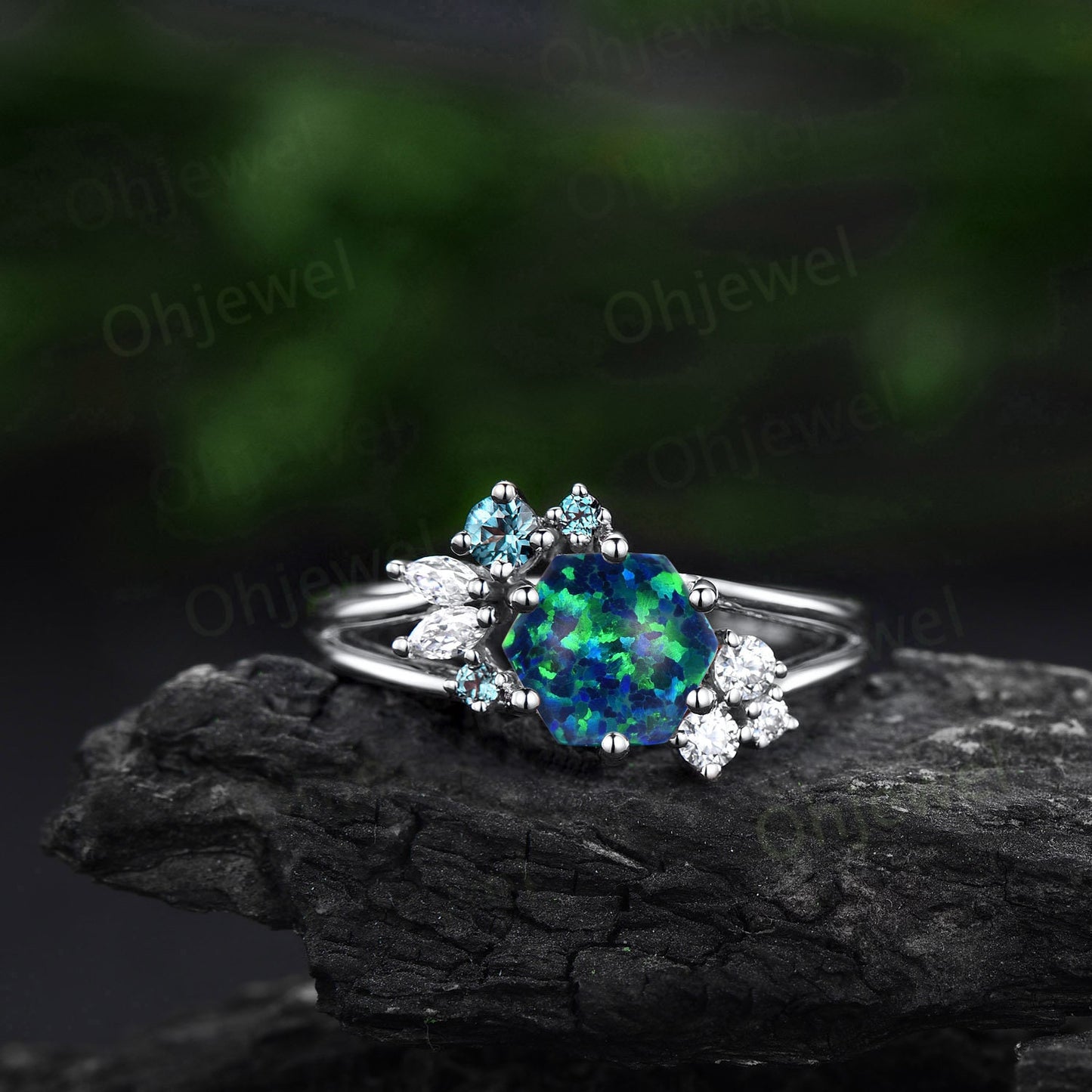Hexagon black opal ring vintage rose gold cluster 6 prong split shank unique engagement ring women diamond alexandrite ring genstone gift