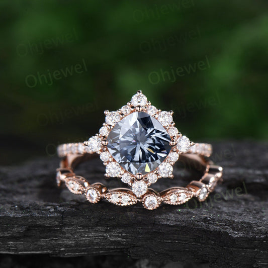 Vintage cushion cut gray moissanite engagement ring rose gold halo snowdrift moissanite ring unique bridal set half eternity ring women