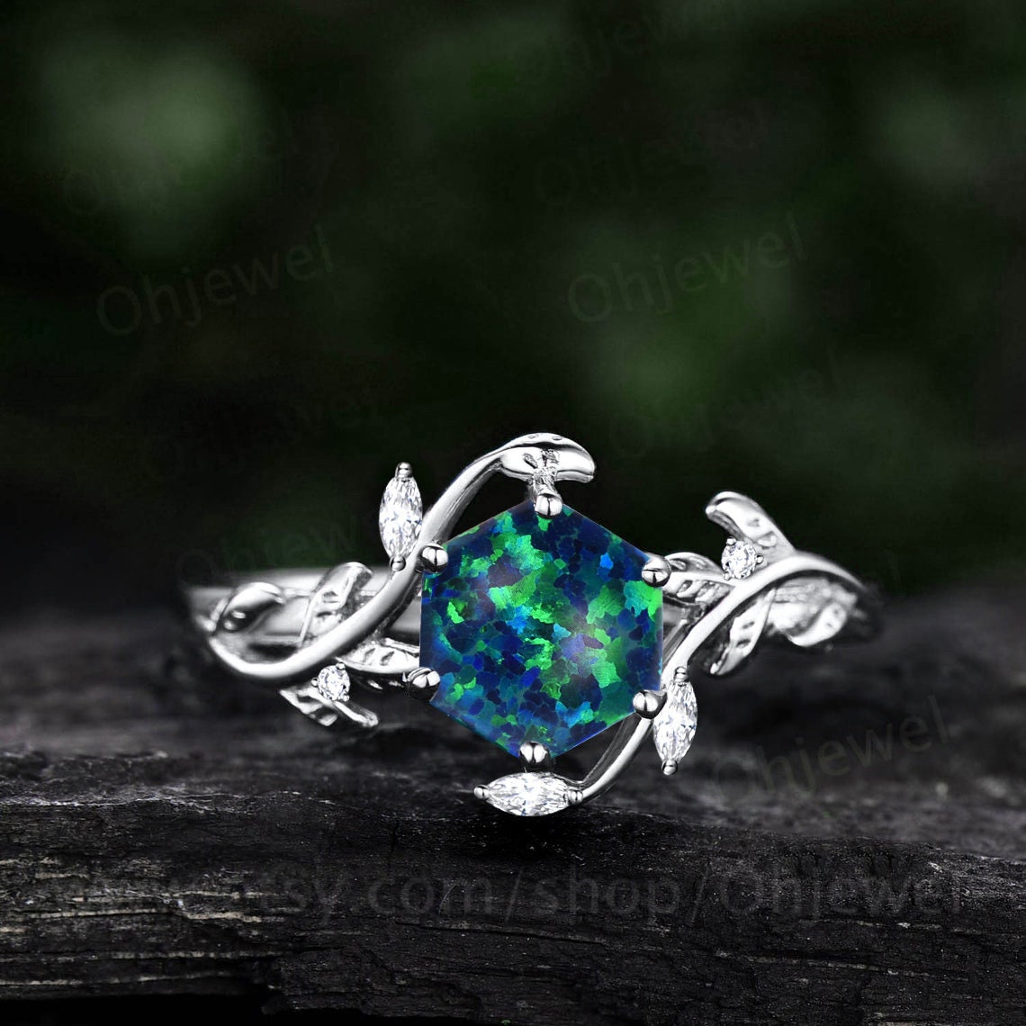 Vintage Hexagon black opal engagement ring art deco nature inspired moonstone ring women leaf rose gold branch promise wedding ring gift