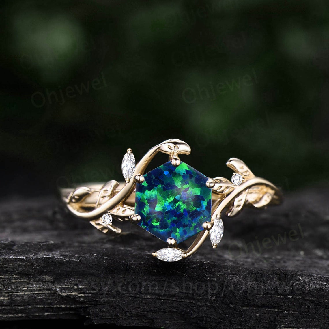 Vintage Hexagon black opal engagement ring art deco nature inspired moonstone ring women leaf rose gold branch promise wedding ring gift
