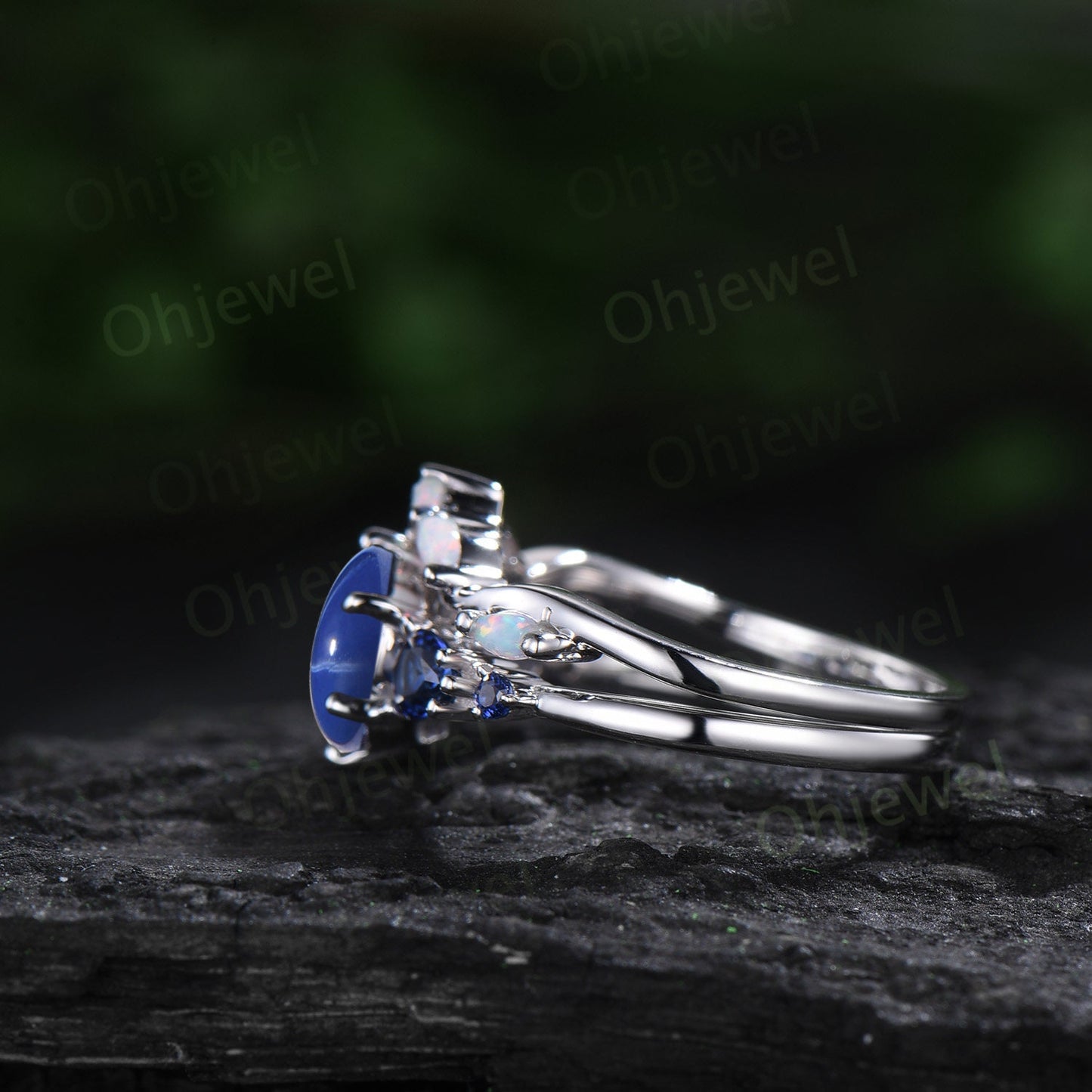 Round blue star sapphire ring vintage pear sapphire ring five stone blue gemstone ring opal wedding band engagement ring women bridal set