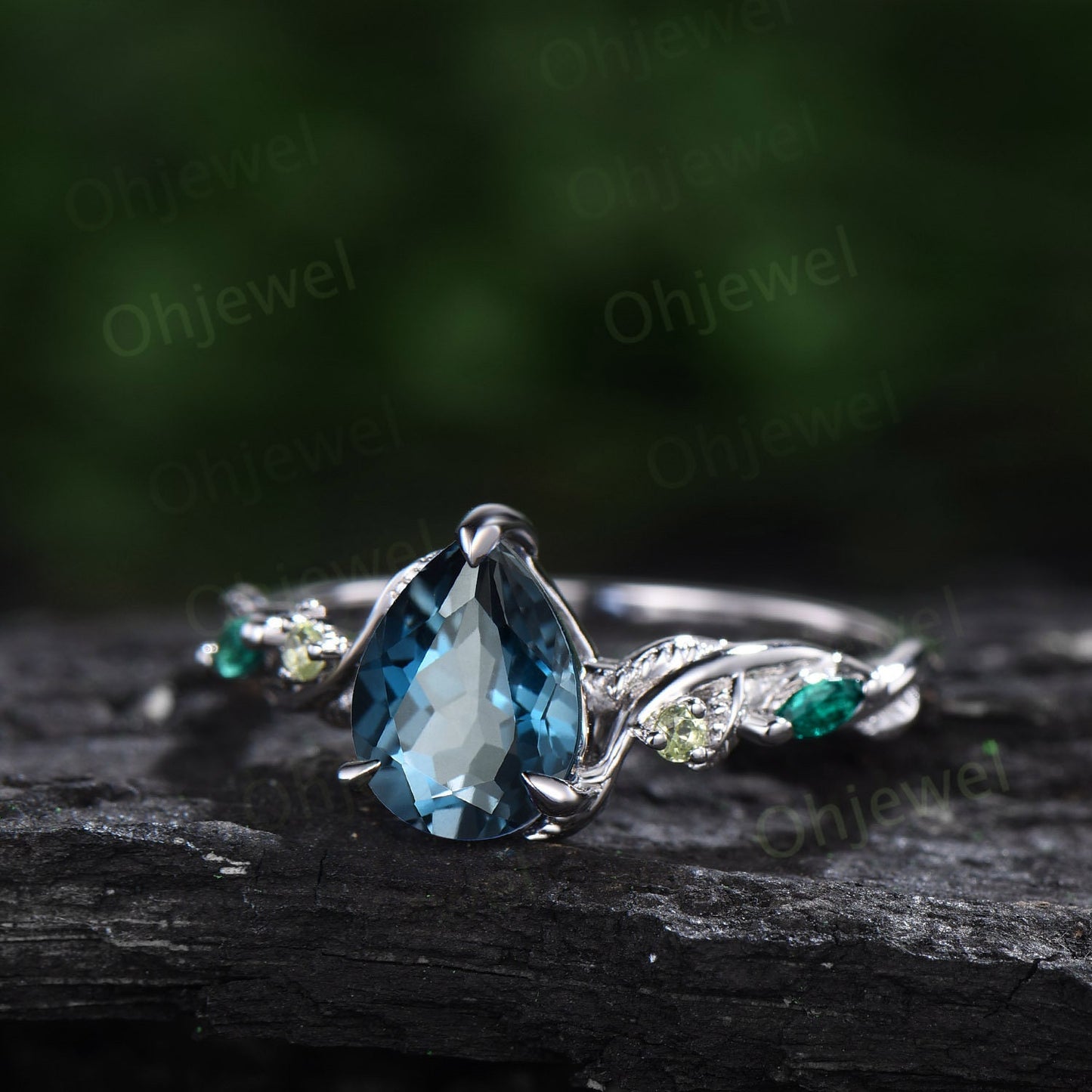 Pear shaped London blue topaz ring vintage art deco sapphire peridot emerald ring white gold twig nature inspired engagement ring women gift