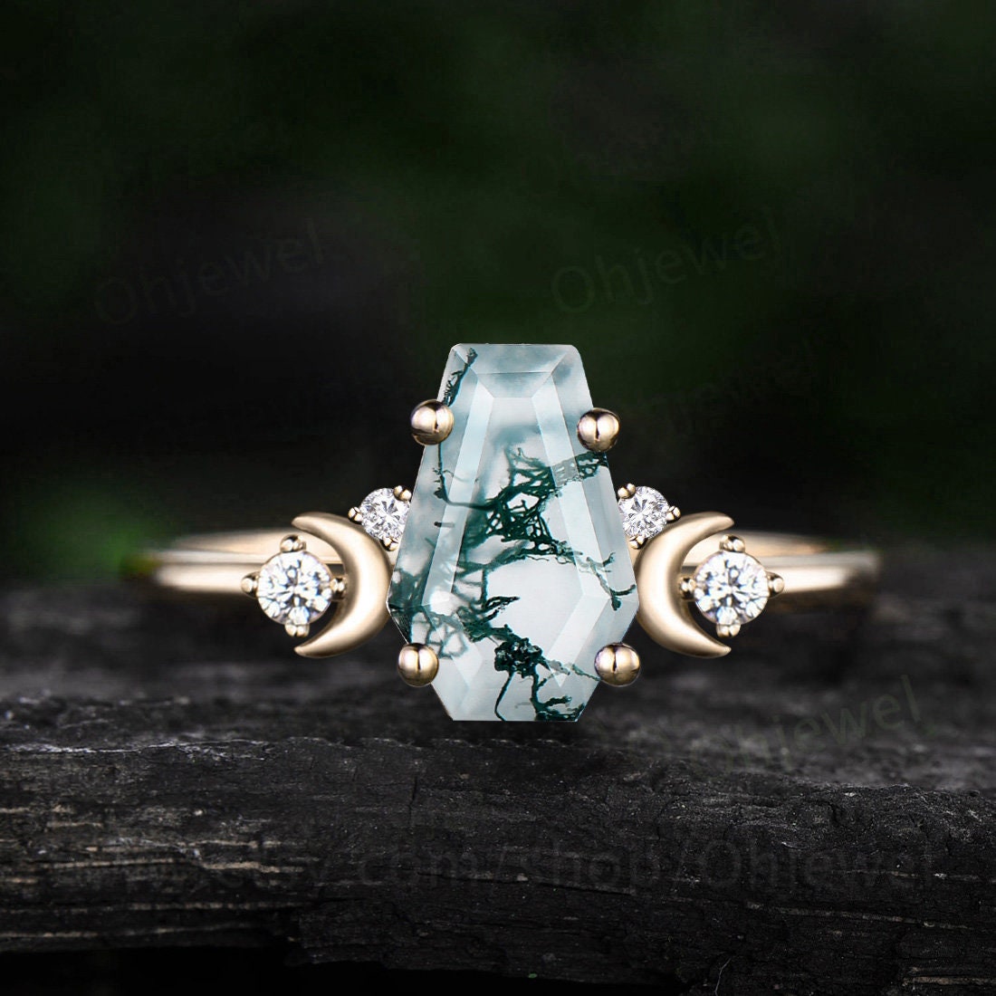Coffin green moss agate ring vintage moon five stone diamond ring rose gold cluster unique engagement ring dainty anniversary women gift