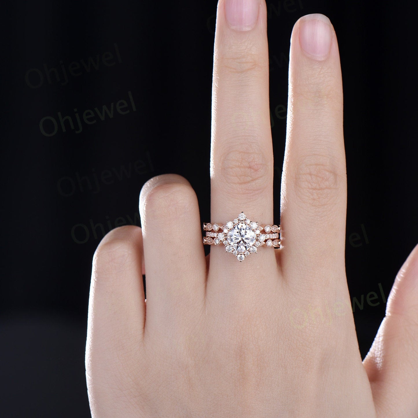 Vintage cushion cut moissanite engagement ring rose gold halo snowdrift moissanite ring unique bridal set half eternity wedding ring women