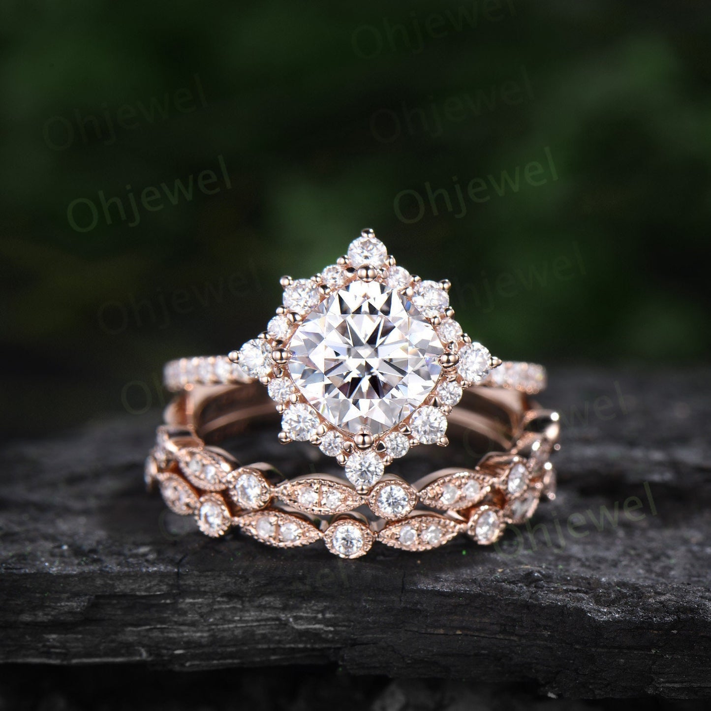 Vintage cushion cut moissanite engagement ring rose gold halo snowdrift moissanite ring unique bridal set half eternity wedding ring women