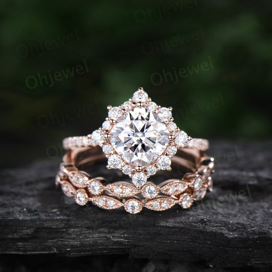 Vintage cushion cut moissanite engagement ring rose gold halo snowdrift moissanite ring unique bridal set half eternity wedding ring women