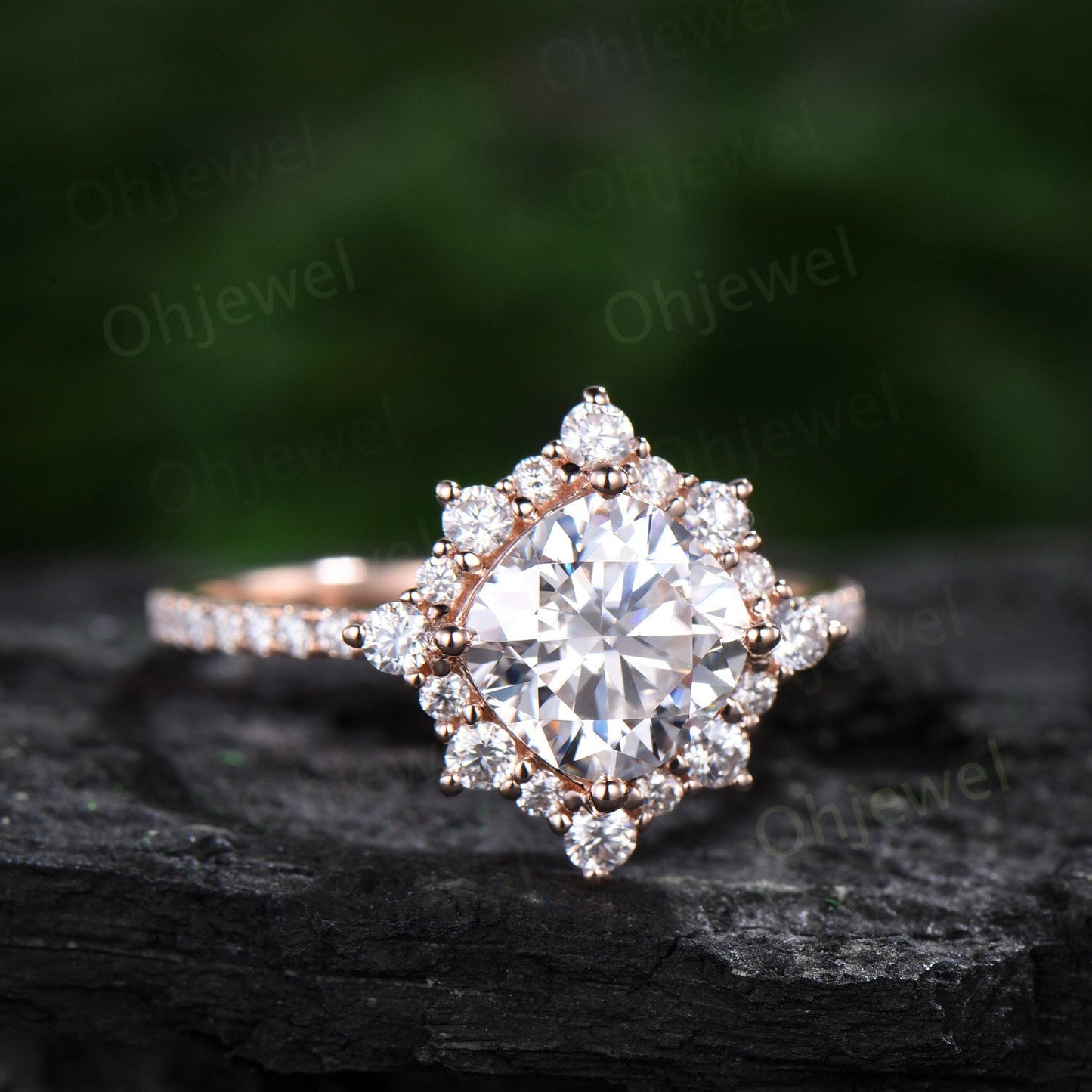 Vintage cushion cut moissanite engagement ring rose gold halo snowdrift moissanite ring unique bridal set half eternity wedding ring women