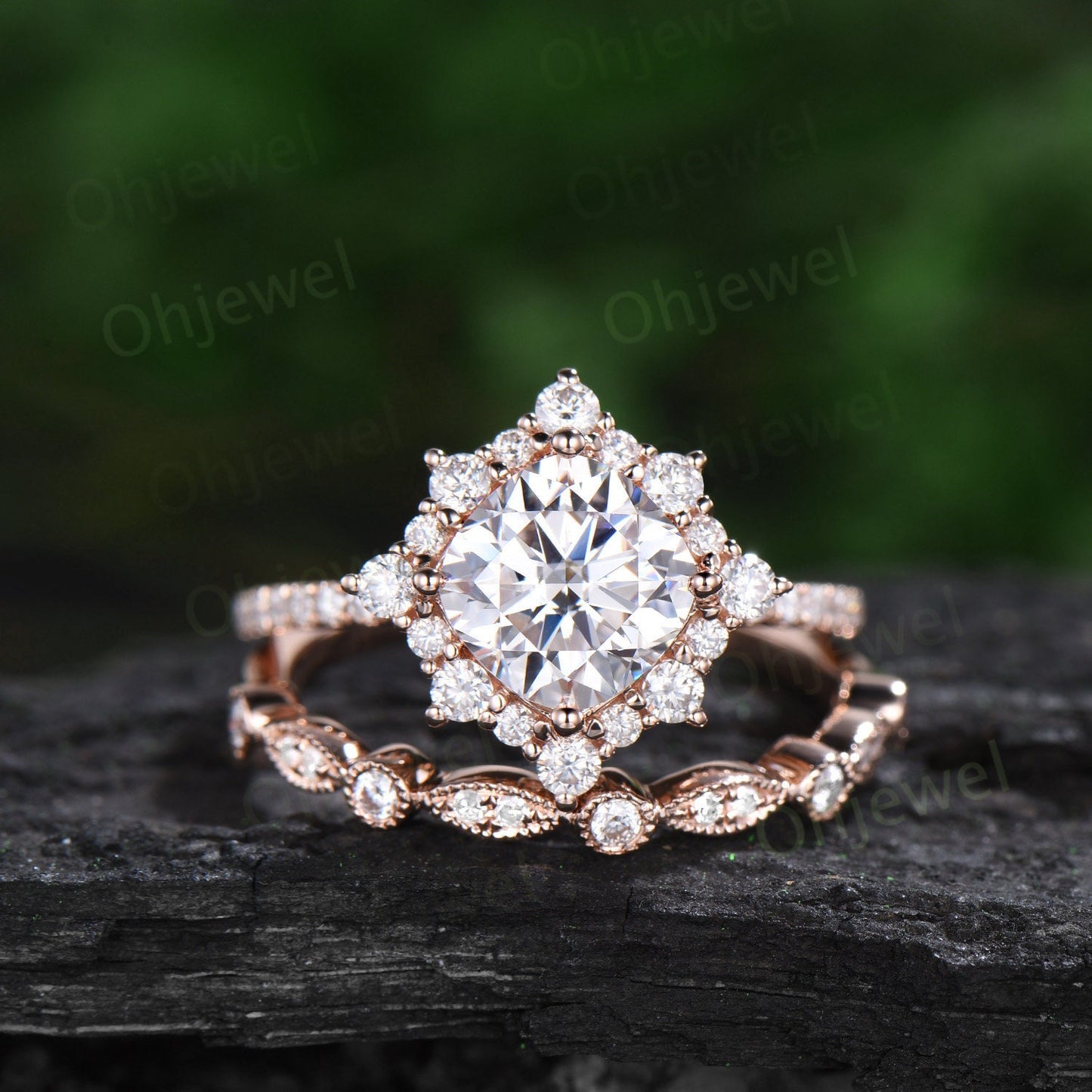 Vintage cushion cut moissanite engagement ring rose gold halo snowdrift moissanite ring unique bridal set half eternity wedding ring women