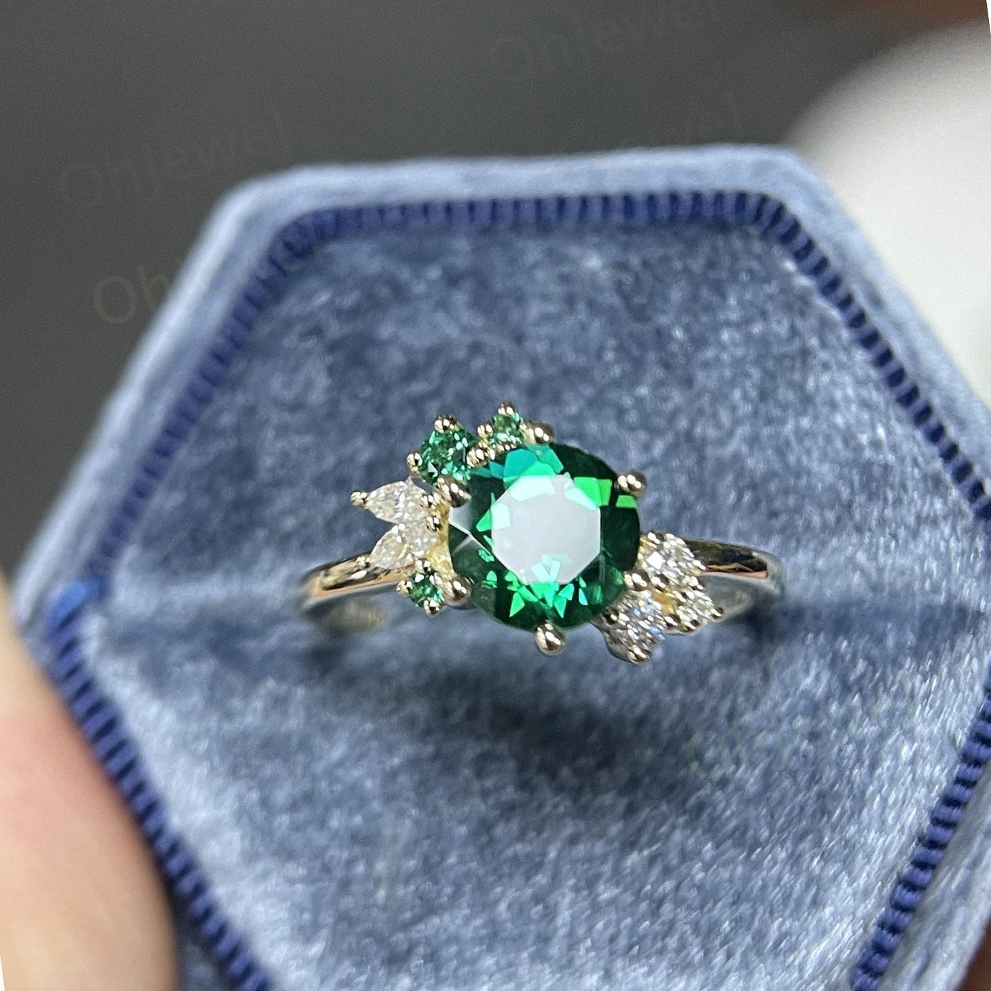 Round cut emerald ring gold silver for women vintage unique emerald engagement ring cluster art deco moissanite bridal ring gifts