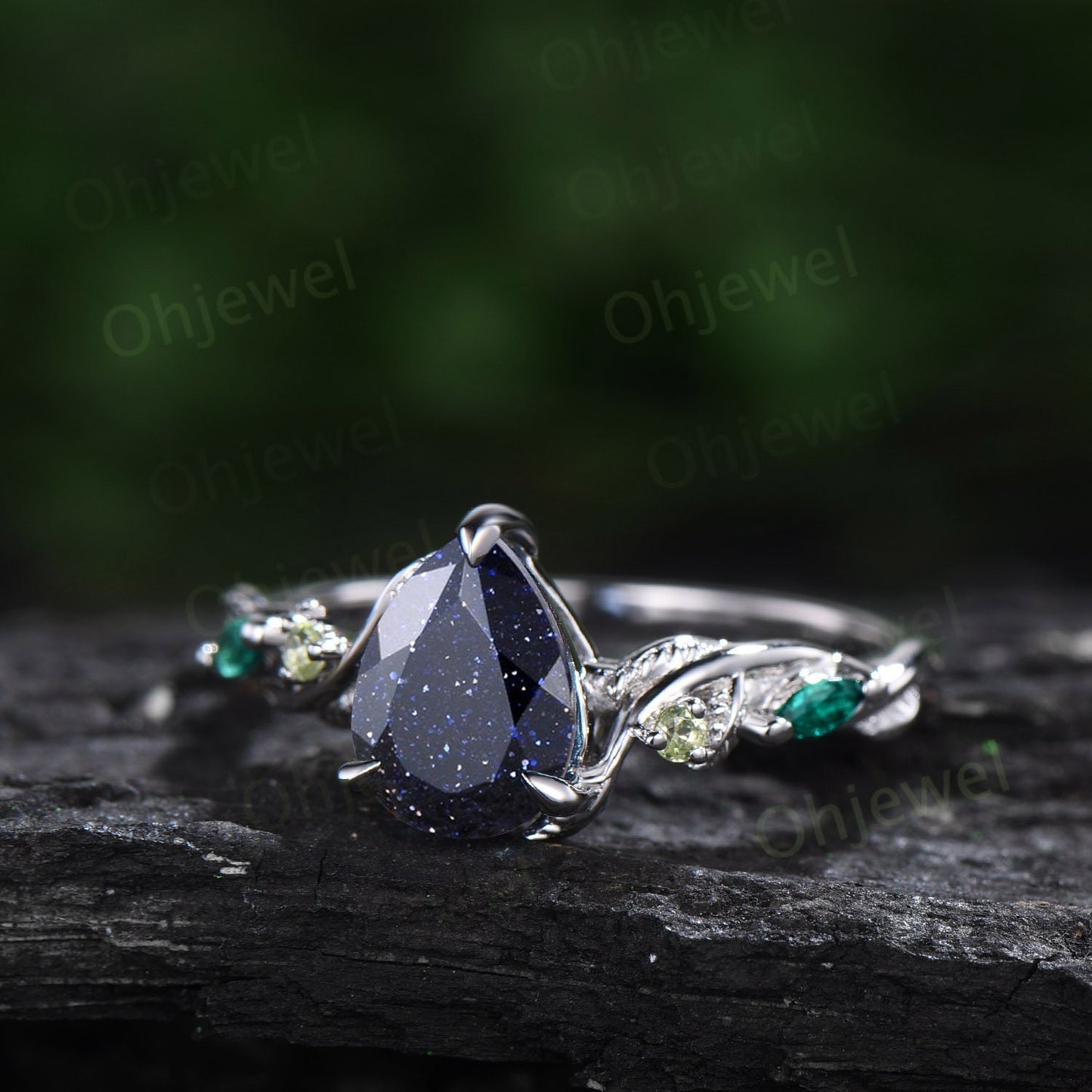 Pear shaped blue sandstone ring vintage art deco sapphire peridot emerald ring white gold twig nature inspired engagement ring women gift