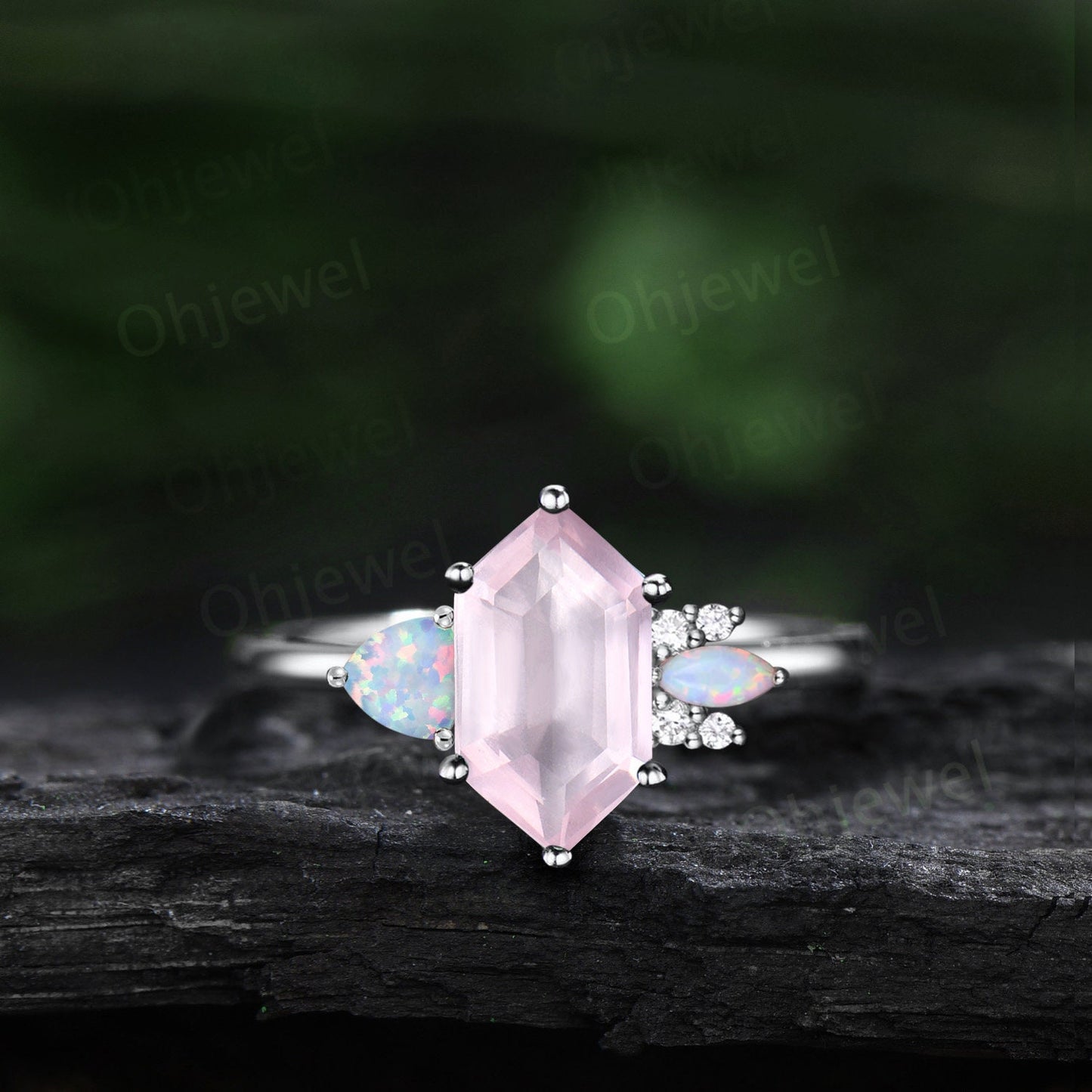 Long hexagon cut rose quartz ring vintage trillion opal ring women rose gold 6 prong unique engagement ring cluster moissanite bridal ring