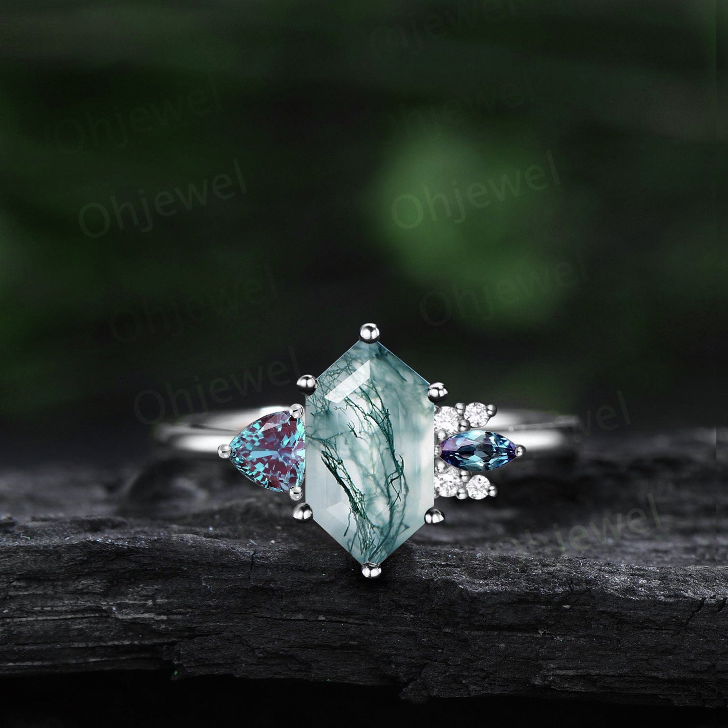 Long hexagon green moss agate ring cluster trillion alexandrite ring vintage unique engagement ring women rose gold dainty wedding ring gift