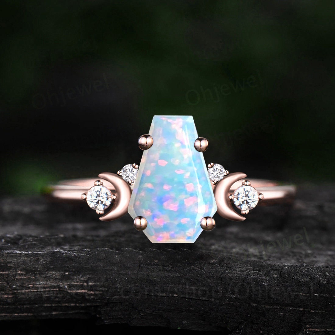 Rose Gold Coffin Gem Rings Long Hexagon Alexandrite Engagement