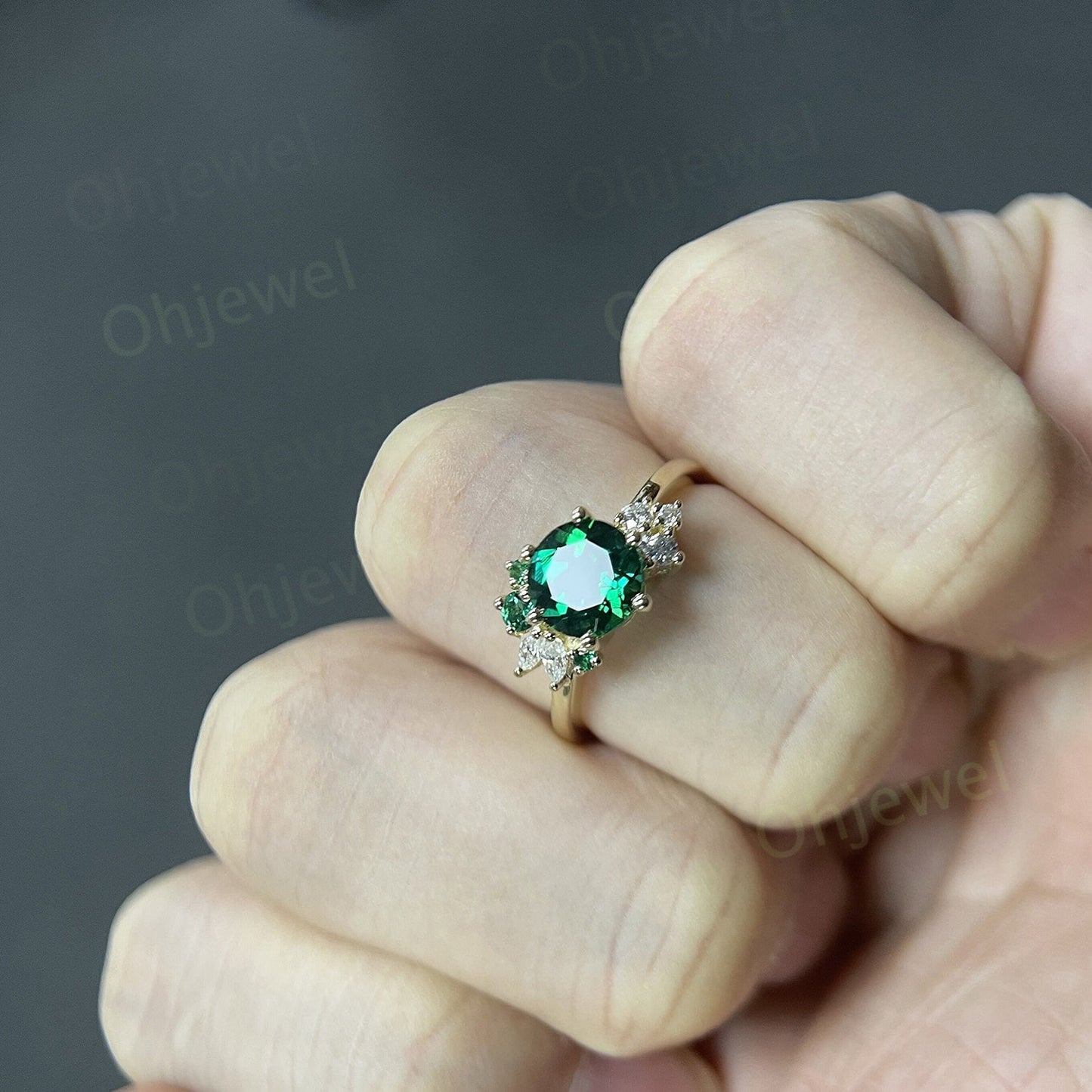 Round cut emerald ring gold silver for women vintage unique emerald engagement ring cluster art deco moissanite bridal ring gifts