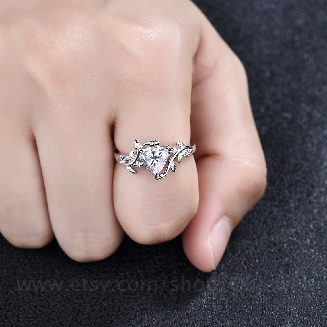 Vintage trillion cut Moissanite engagement ring leaf rose gold solitaire ring branches bridal ring women art deco unique promise ring her