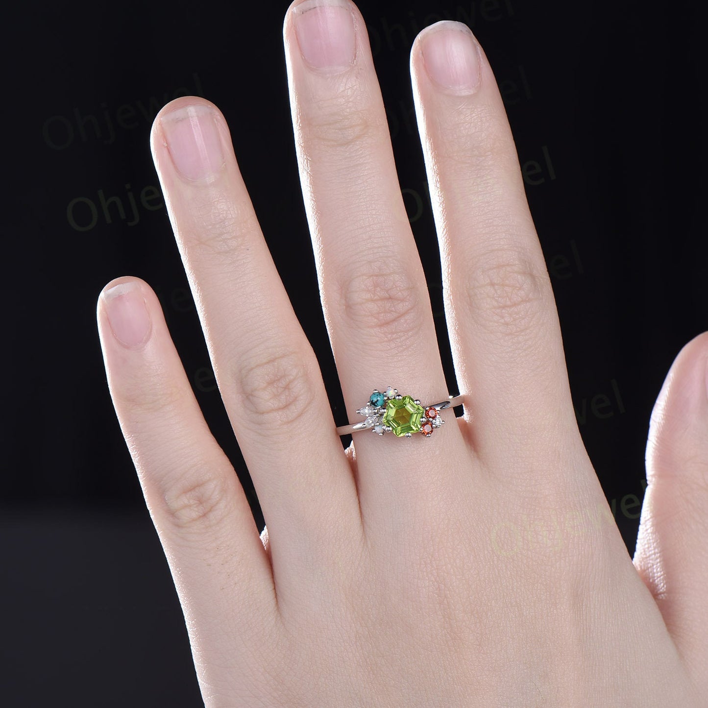Hexagon cut peridot ring vintage cluster opal garnet Turquoise moissanite ring white gold unique engagement ring Personalizedgemstone ring