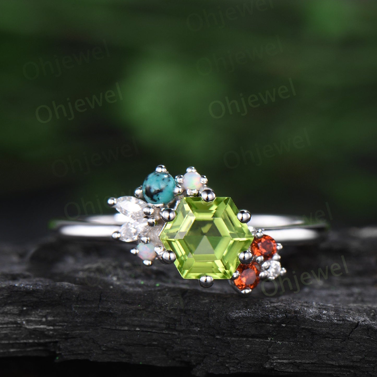 Hexagon cut peridot ring vintage cluster opal garnet Turquoise moissanite ring white gold unique engagement ring Personalizedgemstone ring