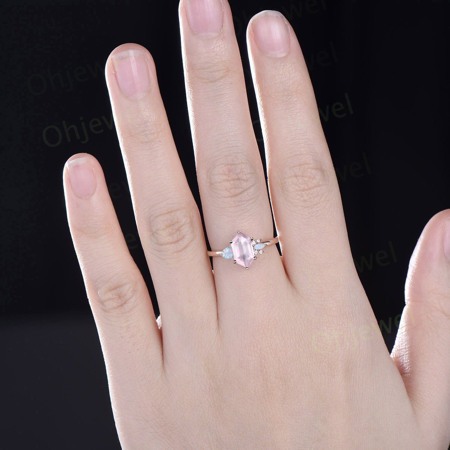 Long hexagon cut rose quartz ring vintage trillion opal ring women rose gold 6 prong unique engagement ring cluster moissanite bridal ring