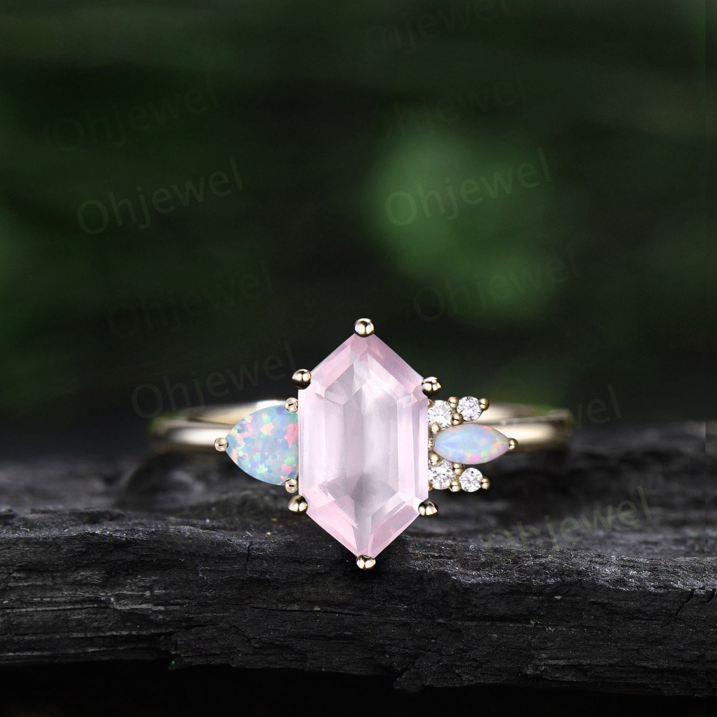 Long hexagon cut rose quartz ring vintage trillion opal ring women rose gold 6 prong unique engagement ring cluster moissanite bridal ring