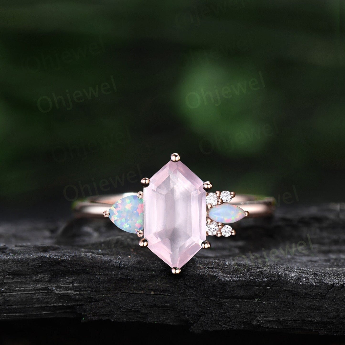 Long hexagon cut rose quartz ring vintage trillion opal ring women rose gold 6 prong unique engagement ring cluster moissanite bridal ring